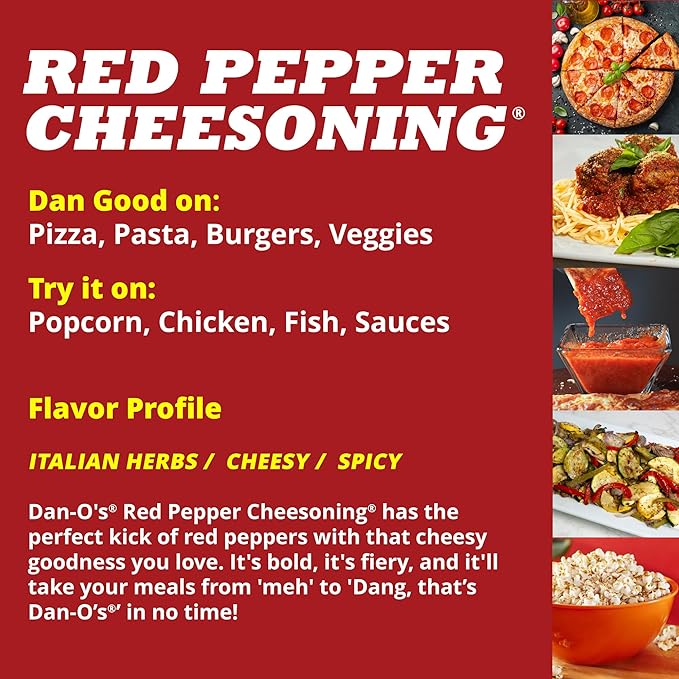 Dan-O's Red Pepper Cheesoning Seasoning, 2.6 oz Bottle, 2 Pack, Cheesy Seasoning for Pizza, Popcorn, Chicken and More, Sugar Free, Zero Calorie, Bold Parmesan Cheese Replacement for your Favorite Food