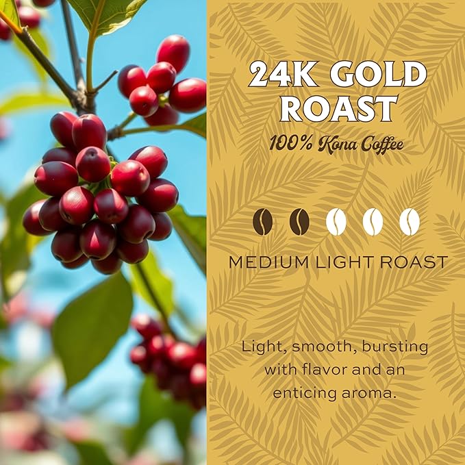 Lion Coffee 24K Gold Roast 100% Kona Whole Bean Coffee, Medium-Light Roast, A Taste of Aloha - 7 Ounce Bag