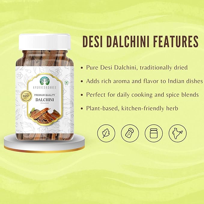 AYURVEDASHREE Cinnamon (Desi Dalchini) 60gm PET Jar | All Natural | Vegan | No Colors | NON-GMO | Cinamon Bark | Dalchini Chhaal