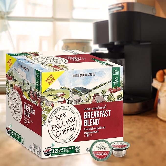 New England Coffee Breakfast Blend Medium Roast Single Serve Pods, 32ct Box (Pack of 4)