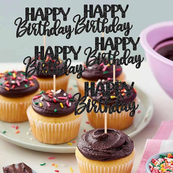 30 PCS Happy Birthday Cupcake Toppers Glitter Happy Birthday Cupcake Picks for Celebrating Birthday Anniversary Theme Party Cake Decorations Supplies Black