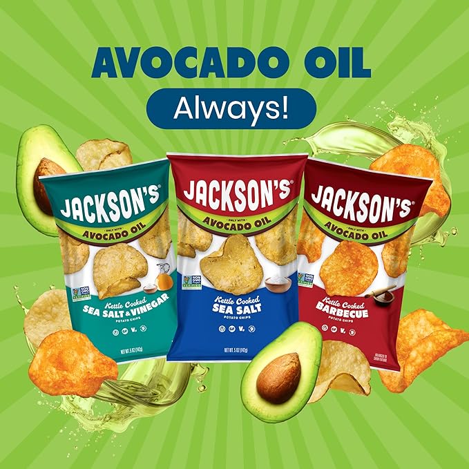 Jackson?™s Classic Kettle Potato Chips (Variety Pack, 5 oz, Pack of 7) - Made with Premium Avocado Oil, Sea Salt, Salt & Vinegar and BBQ Flavors - Allergen-friendly, Gluten Free, Vegan