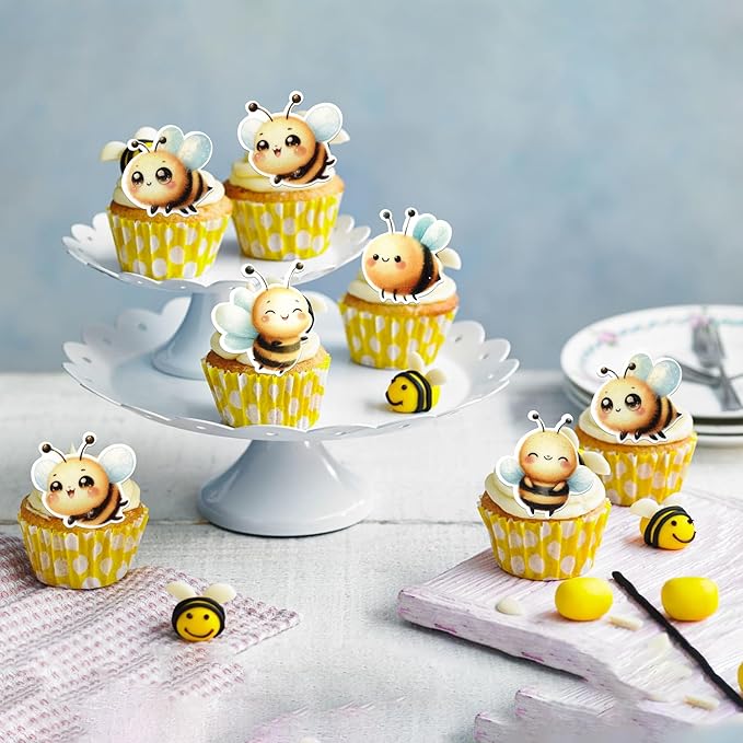 60 Pack Edible Bumble Bee Gender Reveal Cake Topper Oh Babee Cupcake Picks Water Paper Bee Cake Decorations for Bumble Boy or Girl Baby Shower Kids Birthday Party Supplies