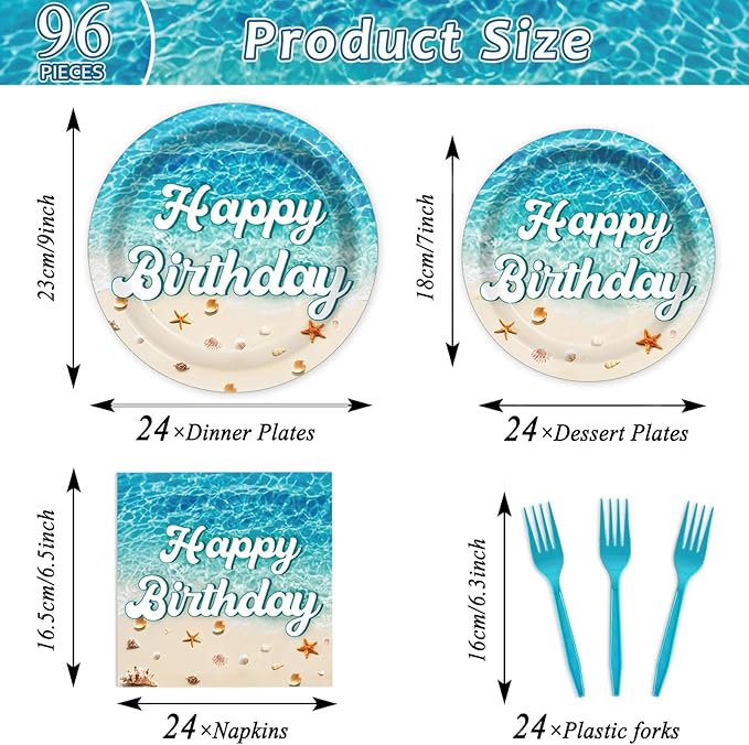 96Pcs Beach Happy Birthday Plates and Napkins Ocean Waves Ocean Seashell Party Decorations Beach Themed Party Dessert Plates Summer Pool Tableware for 24 Guests Hawaiian Supplies