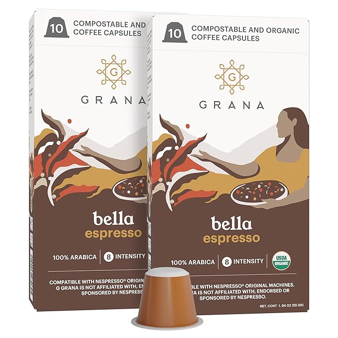G GRANA Coffee Pods, Compatible with Nespresso OriginalLine, 20 Pack, Dark Roast, USDA Organic 100% Arabica Single Source Specialty Coffee, Compostable Single Serve Capsules, Bella