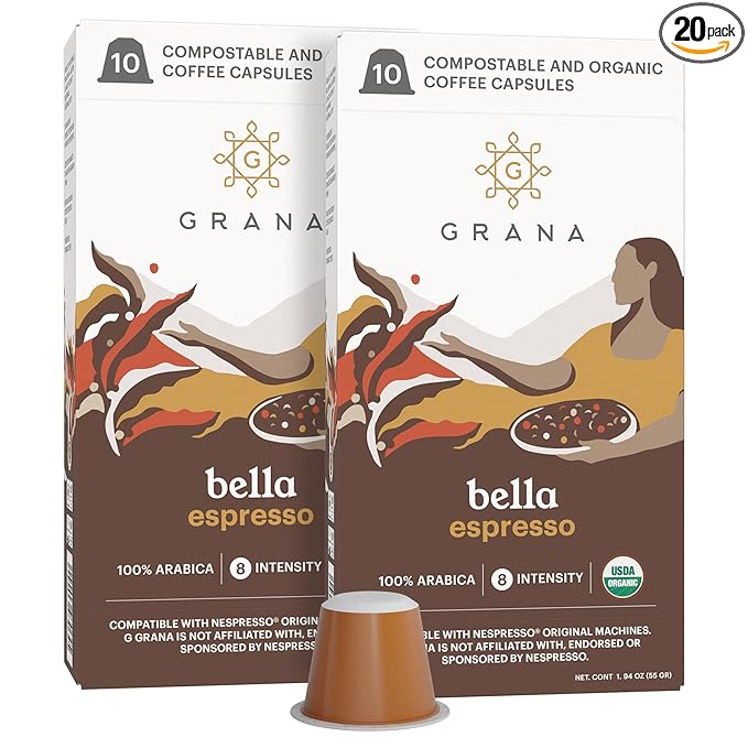 G GRANA Coffee Pods, Compatible with Nespresso OriginalLine, 20 Pack, Dark Roast, USDA Organic 100% Arabica Single Source Specialty Coffee, Compostable Single Serve Capsules, Bella