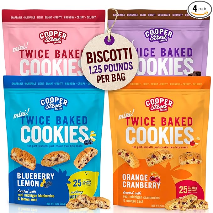 Cooper Street Twice Baked Biscotti Cookies Variety Pack - 1.25 Pounds Per Bag (4 Pack) - Gourmet Cookies Ideal With Coffee Or Tea | Peanut and Dairy Free Low Sodium Breakfast or On-The-Go Snack