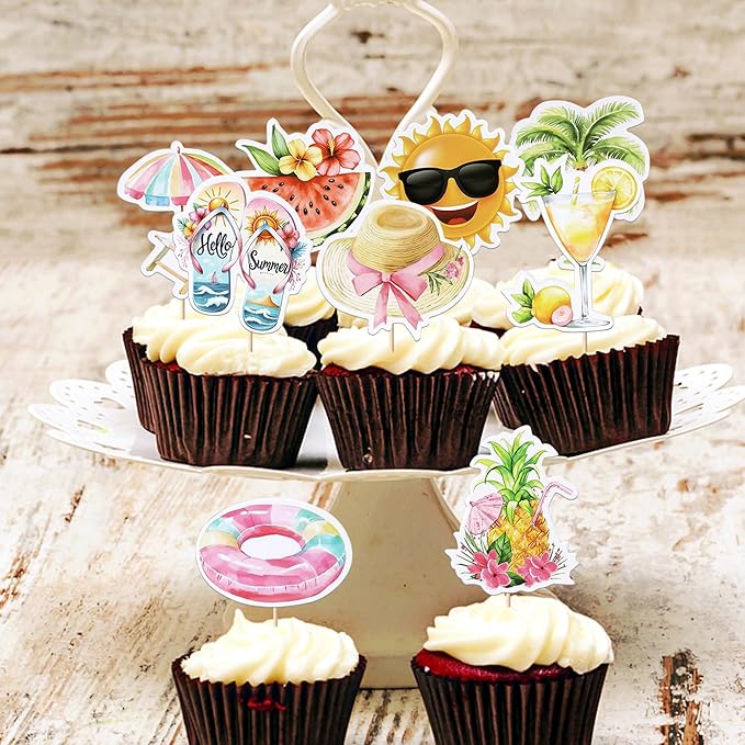 40 PCS Summer Beach Pool Cupcake Toppers Watermelon Slippers Sun Plam Tree Pineapple Tortoise Umbrella Cupcake Picks Beach Pool Party Cake Decorations for Summer Hawaii Theme Birthday Party Supplies