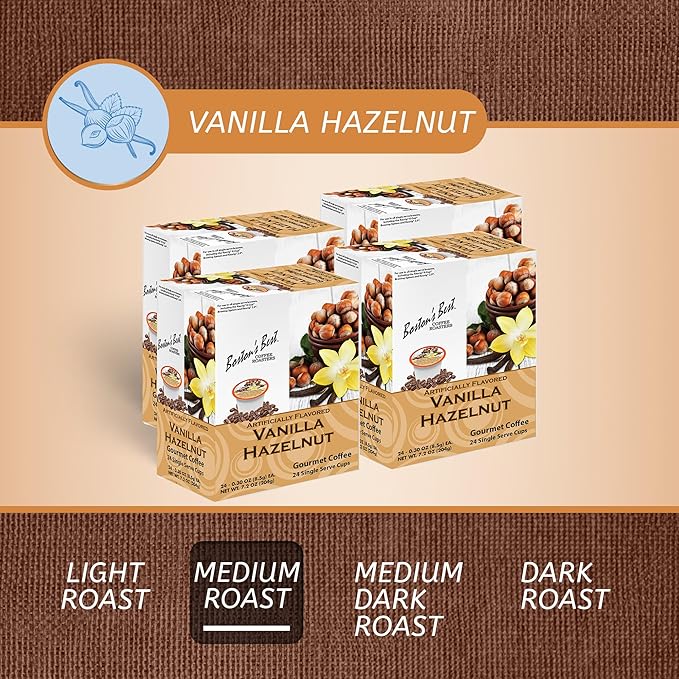 Bostonโs Best - Vanilla Hazelnut Delicious Medium Roast Flavored Gourmet Coffee Compatible with Keurig Coffee Maker, 24 Count (Pack of 4)