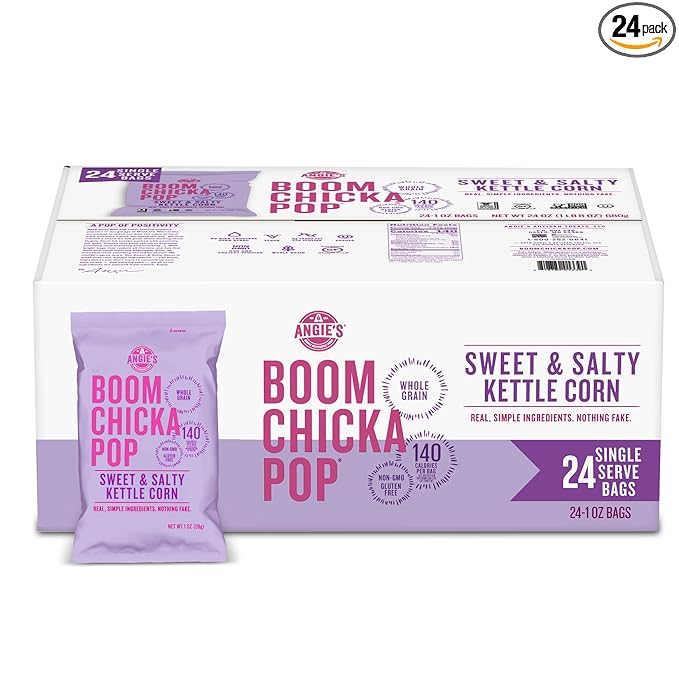 Angie's BOOMCHICKAPOP Sweet & Salty Kettle Corn Popcorn, Lunchbox Snack, 1 oz. Individual Bag (Pack of 24)
