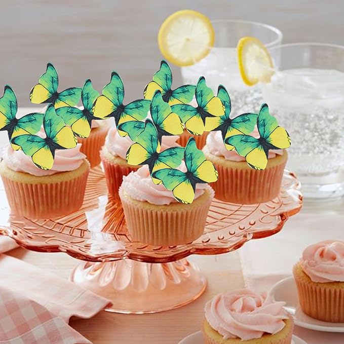 48PCS Edible Butterfly Cupcake Toppers - Edible Butterflies Cake Decoration for Wedding, Birthday, Baby Shower & Kids Parties - Yellow & Green