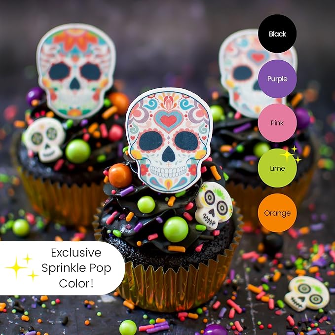 Sprinkle Pop Dia De Los Muertos Sprinkle Mix| Black Pink Purple Lime Orange Sprinkles| Halloween Sprinkles with ~12 Day of the Dead Sugar Skulls Made in USA for Decorating Cake Cookies Cupcakes, 4oz