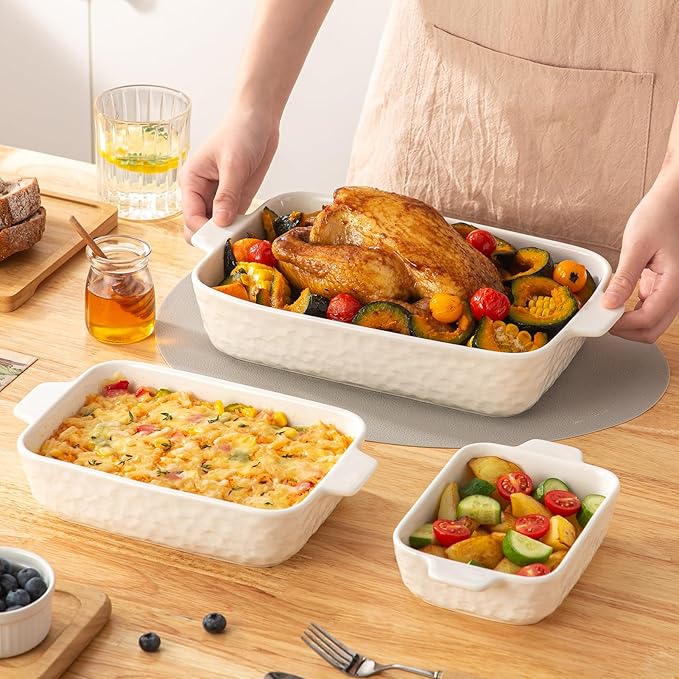 YUN TAO Casserole Plates for Oven Ceramic Baking Pan Ceramic Baking Pan Rectangular Bakeware Pan with Handle for Baking Cake Kitchen Cake Dinner Set of 3 (3 Pieces, White)