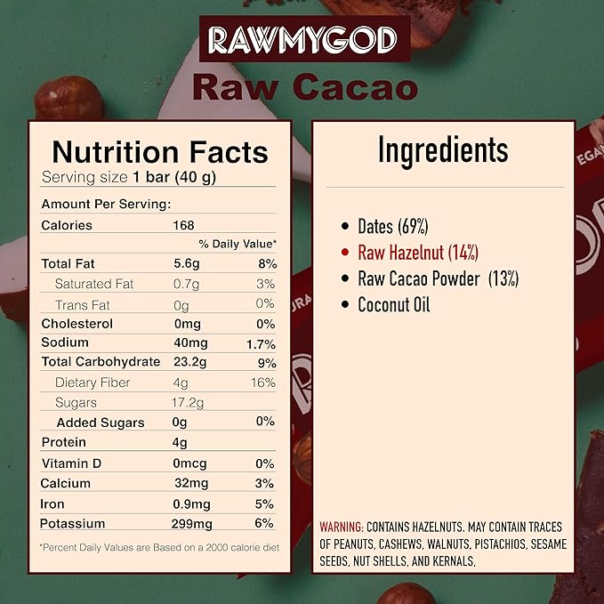 RAWMYGOD Fruit and Nut Bars, Gluten Free, Vegan, No Added Sugar (16 bars, Raw Cacao)