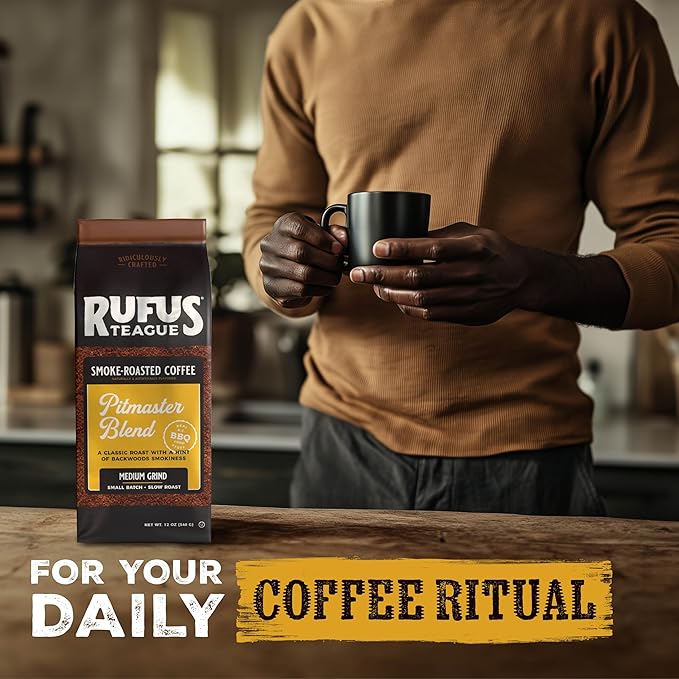 Rufus Teague Pitmaster Blend Ground Coffee, Gourmet Fresh Dark Roasted Coffee, Smoke Roasted Java, Medium Grind, 12 oz Bag