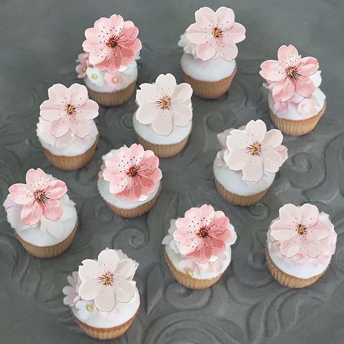 40 PCS Edible Cherry Blossoms Cupcake Toppers Edible Cherry Blossoms Flowers Cake Decorations Wafer Paper Flowers Cupcake Topper for Baby Shower Kids Birthday Party Decorations Supplies Colorful