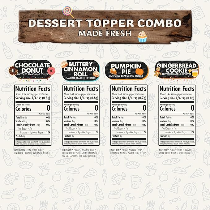Dessert Topper Combo Pack - Buttery Cinnamon Roll, Chocolate Donut, Gingerbread Cookie, Pumpkin Pie, Pack of 4 - Premium All Natural & Healthy Blend for Bread, Fruit, Ice Cream Seasoning by Flavor God