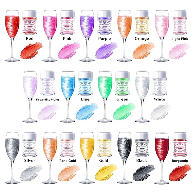 Edible Glitter for Drinks ??14 Colors Luster Dust, Food Grade Cocktail Shimmer Powder for Cakes, Beverages, Chocolate & Candy, 5g/Bottle
