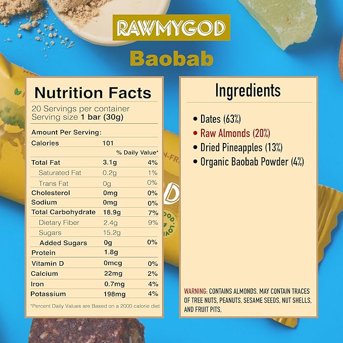 RAWMYGOD Fruit and Nut Bars, Gluten Free, Vegan, No Added Sugar (20 bars, Baobab)