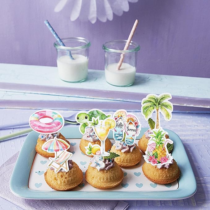 40 PCS Summer Beach Pool Cupcake Toppers Watermelon Slippers Sun Plam Tree Pineapple Tortoise Umbrella Cupcake Picks Beach Pool Party Cake Decorations for Summer Hawaii Theme Birthday Party Supplies