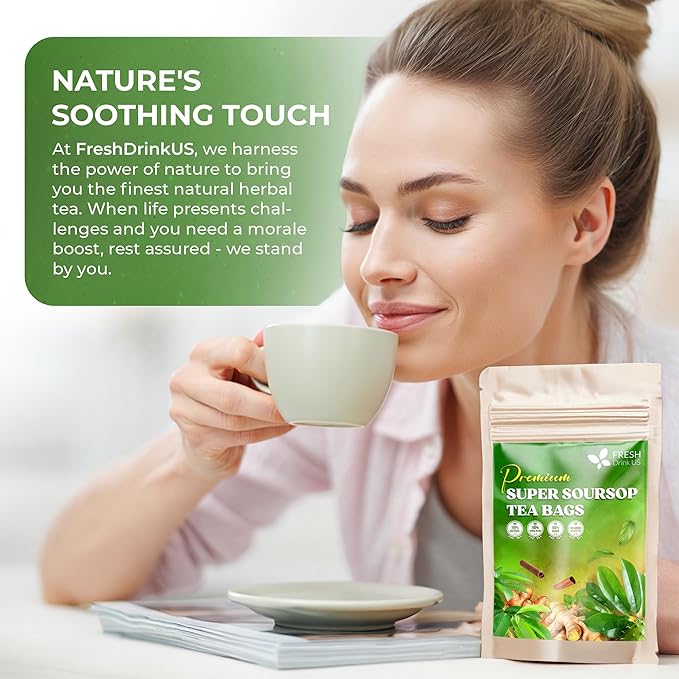 FreshDrinkUS, Super Soursop Herbal Tea ??40 Tea Bags | Soursop, Ginger, Turmeric, Lemongrass, Cinnamon, Black Pepper & Peppermint | Caffeine-Free, Natural Flavor, Plant-Based Blend | Sugar-Free