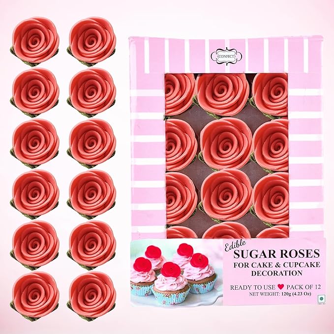 Confect Edible Coral Rose Cake Toppers | Handmade Edible Roses for Cakes, Cupcakes & Donuts | Floral Sugar Decorations for Wedding, Birthday & Festive Desserts ??Pack of 12