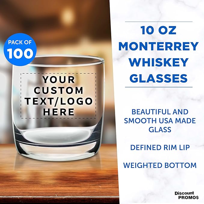 DISCOUNT PROMOS Custom Whiskey Glasses 10 oz Set of 100, Personalized Bulk Pack - Heavy Base Old Fashioned Glass, Perfect for Scotch, Bourbon, Whiskey, Cocktail - Clear Bottom Color