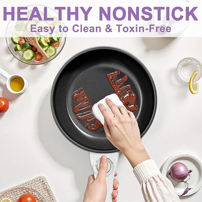 Dezin Hot Pot Electric Upgraded, Non-Stick Saut챕 Pan, Rapid Noodles Electric Pot, 1.5L Mini Portable Hot Pot for Steak, Egg, Fried Rice, Ramen, Oatmeal, Soup with Power Adjustment