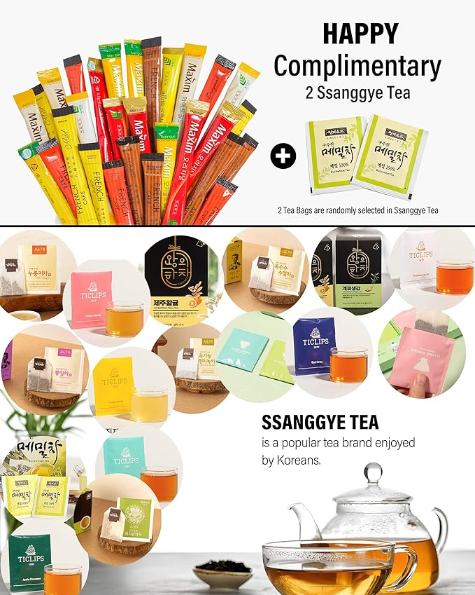CUTIE MANGO Maxim French Premium Korean Instant Coffee Mix Sampler 6 Flavors Assortment Café Style Camping Party Single Serve Packets 30 Variety Pack (5 Sticks Each) with Complimentary 2 Teabags