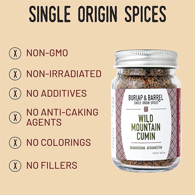 Burlap & Barrel Wild Mountain Cumin ??Savory, Aromatic, and Bright Umami Flavor ??Whole & Ground Cumin Seeds ??As Seen On Shark Tank - 1.8oz Glass Jar