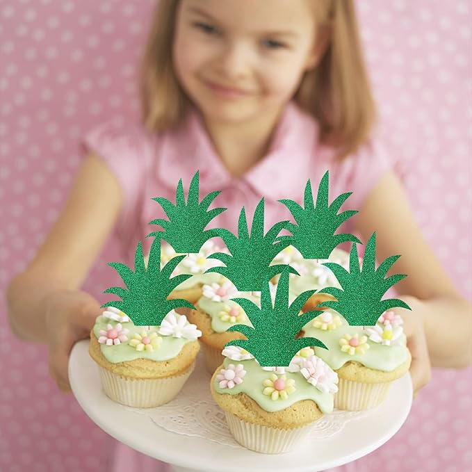 Rsstarxi 24 Pack Pineapple Leaf Cupcake Toppers Green Glitter Pineapple Leaves Cupcake Picks for Summer Tropical Theme Luau Party Hawaiian Wedding Baby Shower Birthday Party Cake Decoration Supplies