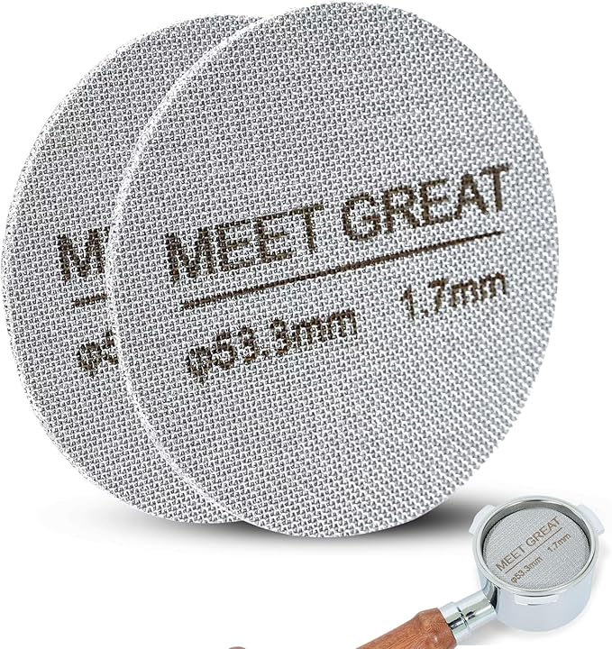 Meet Great- 2 Packs 53.3mm Espresso Puck Screen, 1.7mm Thickness 150?œm 316L Stainless Steel, Upgraded Reusable Coffee Filter Screen for 54mm Breville Portafilter Filter Basket