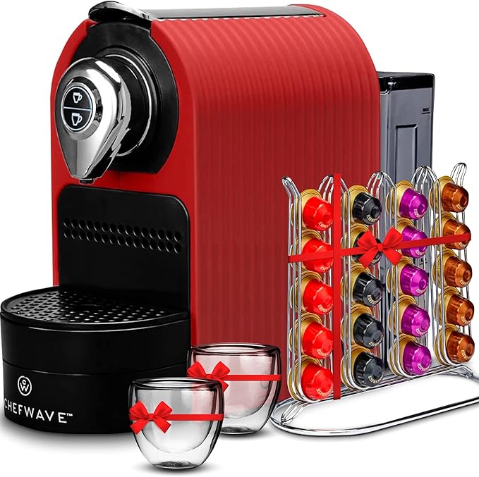 ChefWave Espresso Machine for Nespresso Compatible Capsules (Red) Bundle with Capsule Holder, 2 Glass Cups and Descaling Powder (2 Items)