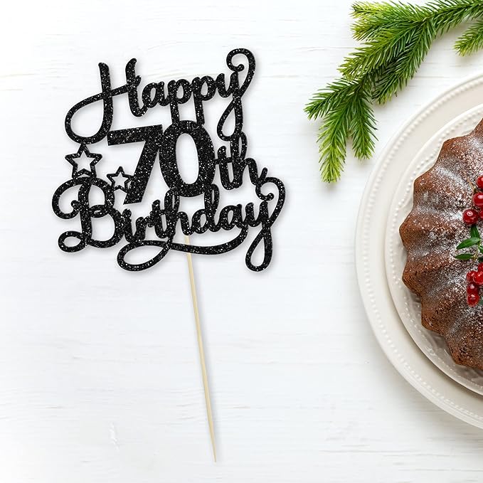 1 Pack Happy 70th Birthday Cake Topper Black Glitter 70 & Fabulous Cheers to 70 Years Old 70th Birthday Cake Pick for Celebrating 70th Birthday Anniversary Party Cake Decoration Supplies