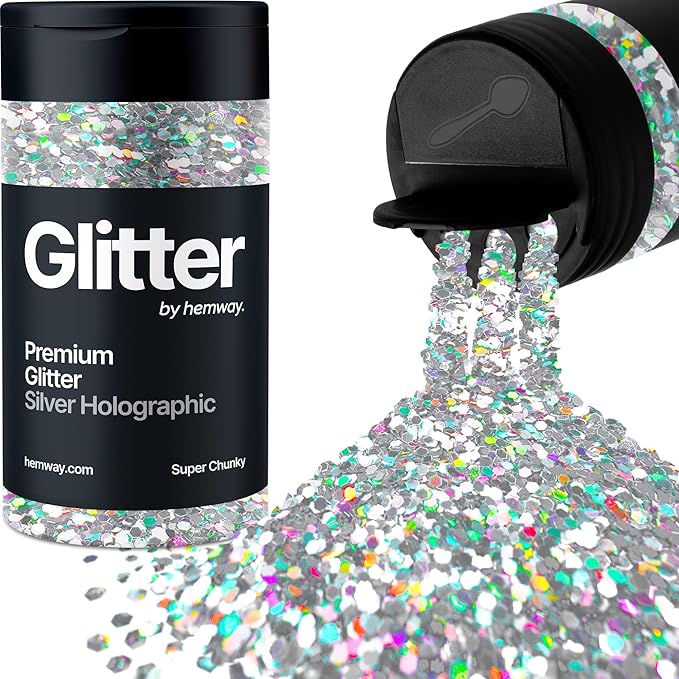 Hemway Premium Glitter Shaker - Silver Holographic | 115g Super Chunky Metallic Flake Sequins for Resin & Epoxy Crafts | Craft Supplies for Tumblers, Festival, Art