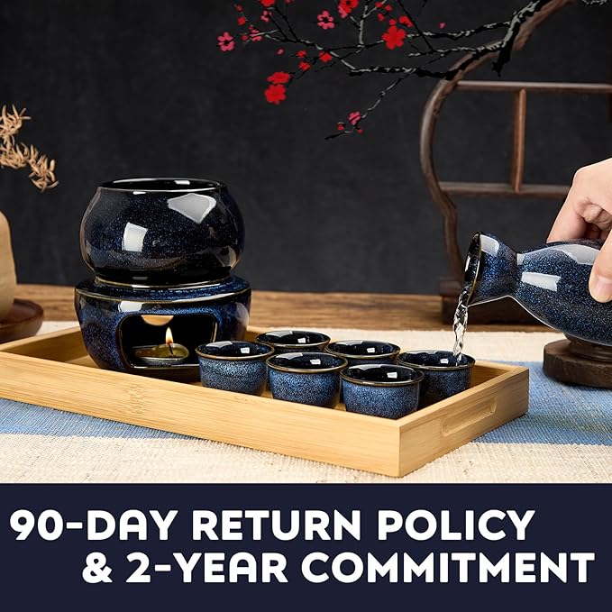 DUJUST 10 pcs Japanese Sake Set with Warmer for 6, Kiln Altered Glaze Porcelain Sake Set, 6 Sake Cups, 1 Sake Bottle, 1 Warmer, 1 Candle Stove, 1 Tray&1 Box, Warm Sake Carafe, Japanese Gifts- Darkblue