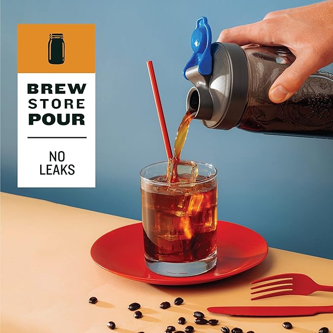 County Line Kitchen Glass Cold Brew Coffee Maker with Lid - Wide Mouth, 1 Quart (32 oz) - Heavy Duty, Leak Proof - Sun & Iced Tea Pitcher, Cold Brew Coffee, Breast Milk Storage, Water - Gray