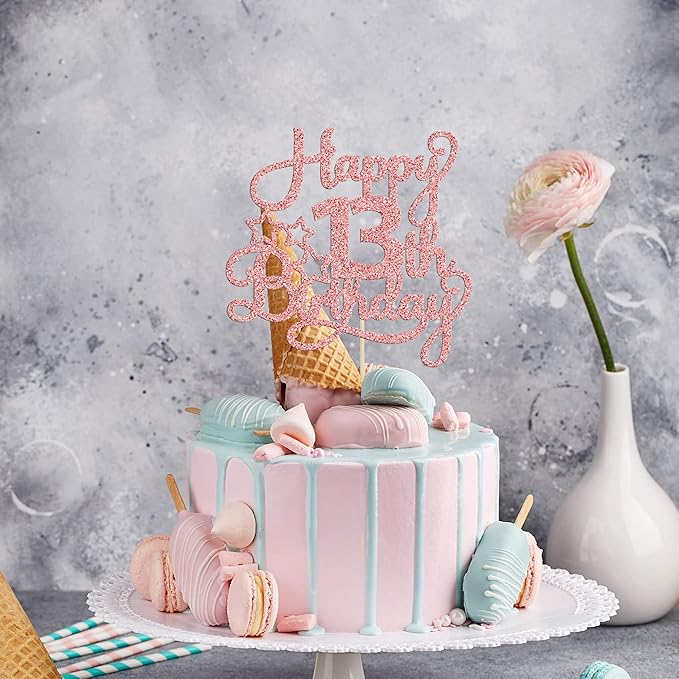 1 Pack Happy 13th Birthday Cake Topper Rose Gold Glitter 13 Official Teenager Cheers to 13 Years Old Birthday Cake Pick for Celebrating 13th Birthday Anniversary Party Cake Decorations Supplies