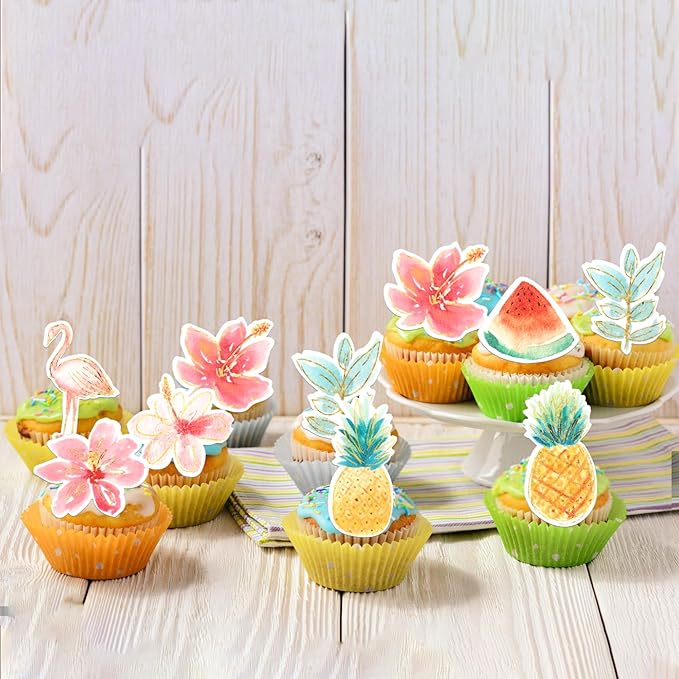 60 Pack Edible Flamingo Cupcake Toppers Wafer Paper Tropical Aloha Luau Pineapple Watermelon Cupcake Picks Flamingo Hawaiian Beach Cake Decorations for Summer Theme Birthday Party Supplies