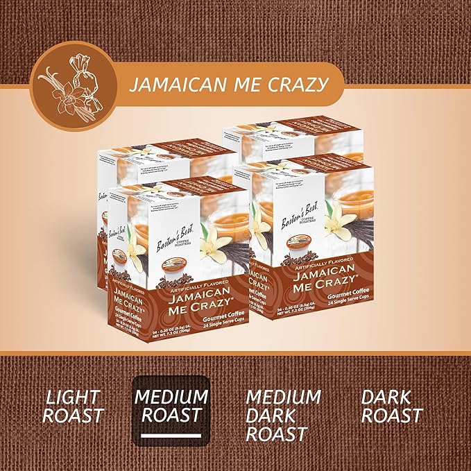 Bostonโs Best - Jamaican Me Crazy Flavored Delicious Gourmet Coffee, Compatible with Keurig Coffee Maker, 24 Count (Pack of 4)