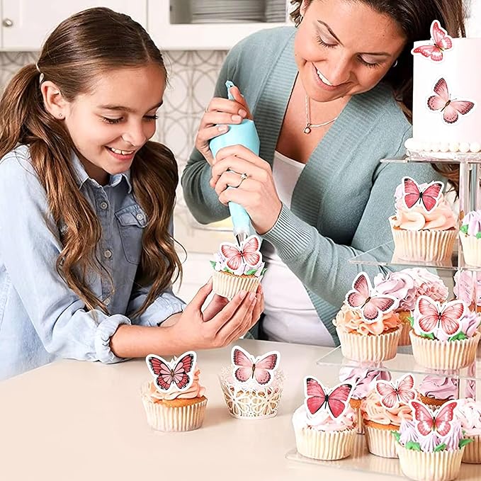 48Pcs Edible Butterfly Cupcake Toppers Double Layer Butterfly Decorations for Women's Happy Birthday Cake Decorations Party Decorations
