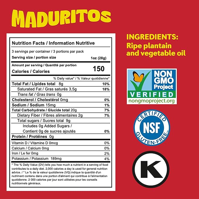 Mayté Maduritos Sweet Plantain Chips – 30 Individual Packs (3oz Each) – Crunchy, Savory, Healthy Snacks Made from Real Plantains – Non-GMO, Gluten-Free, Kosher – No Preservatives or Artificial Colors