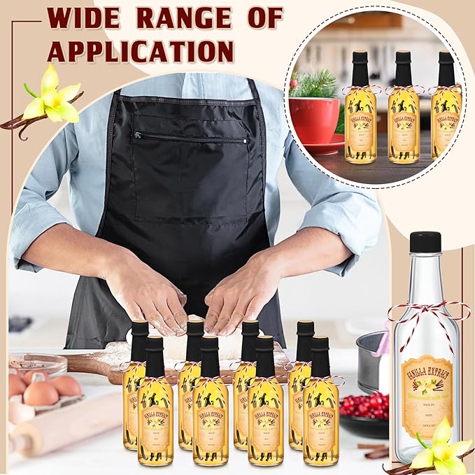 Tioncy 16 Pcs Vanilla Extract Bottles for Homemade Vanilla Jar Glass Bottle with Cap, Shrink Band, Sticker Syrup Gift Food Storage Canister for Bean Sauce Spice(Black,8.5 oz)