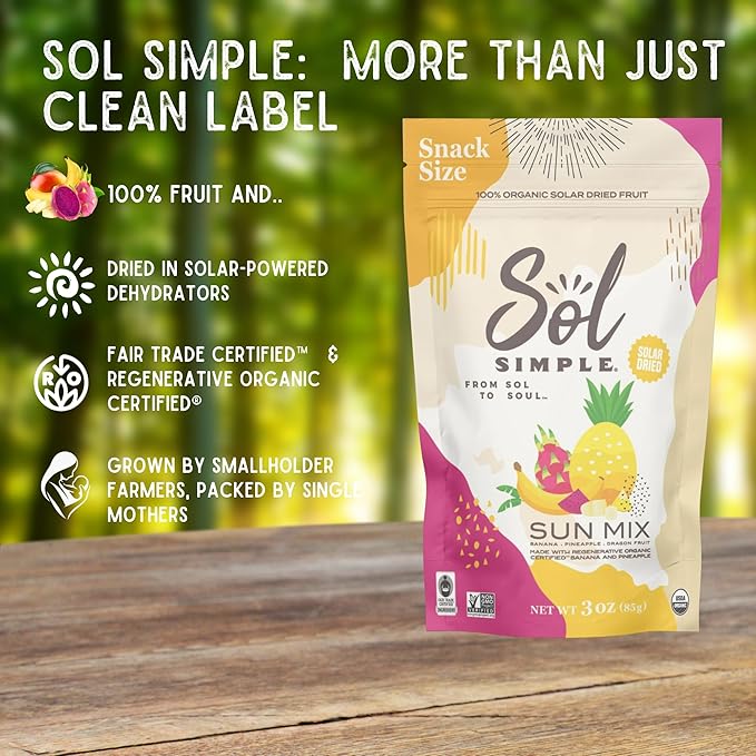 SOL SIMPLE Organic Dried SUN MIX | 3oz Snack Pack (3 Bags Total) | Three Ingredients | Vegan | Non-GMO | No Added Sugar | Fair Trade | Dried Fruit No Sugar Added