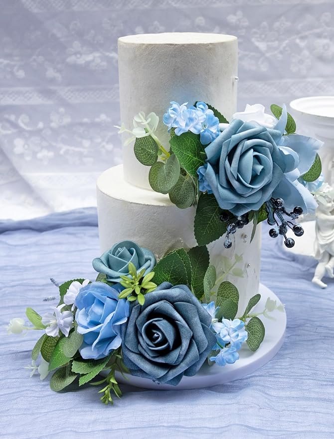 Marriwise 3Pcs Pre-made Cake Toppers Flowers, Light Blue Wedding Cake Decoration, Artificial Flowers Decor for Wedding Ceremony Anniversary, Birthday Party, Outdoor (Light Blue)