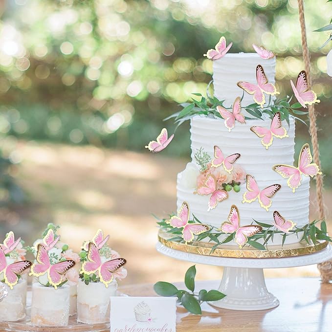 30pcs Pink Gold Edge Mixed Size Lively 3D Waterproof Swllowtail Butterfly Cupcake Topper for Girls Women's Happy Birthday Wedding Party Cake Wall Party Food Decorations