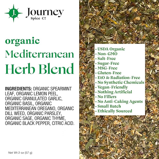 Organic Mediterranean Herb Blend by Journey Spice Co. | Gourmet Spice Seasoning Blend for Chicken, Pork, Vegetables, Tzatziki Sauce, Vegetables, Potatoes, and More | Salt-Free, Sugar-Free, MSG-Free, Non-GMO | 2 oz. | Resealable/Reusable Cap
