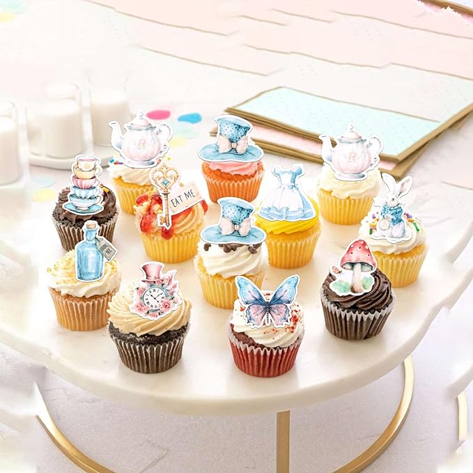 60 PCS Edible Alice in Wonderland Cupcake Toppers Tea Party Cake Decorations Edible Butterfly Flower Bowl Key Clock Eat Me Cupcake Picks for Tea Party Baby Shower Birthday Party Decorations Supplies