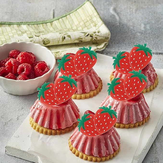 60 Pack Edible Sweet Strawberry Cupcake Toppers Rice Paper Wafer Paper First Birthday Strawberry Cake Picks for Fruit Baby Shower Berry Sweet Kids Birthday Cake Decorations