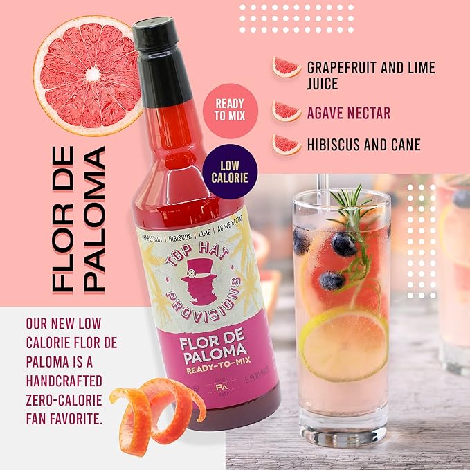 Top Hat Hibiscus Paloma Mix - Craft Grapefruit Hibiscus Cocktail Mixer - Handcrafted with Organic Agave - Low Calorie - 32oz Bottle